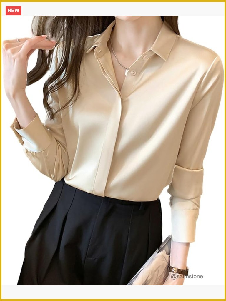 Long Sleeve Satin Blouse Button Down Shirt Work Office Top